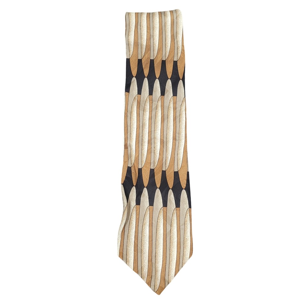Handmade Italy 3.75" Silk Necktie Mens Gold Tan Black Geometric Oval Pattern 58"
